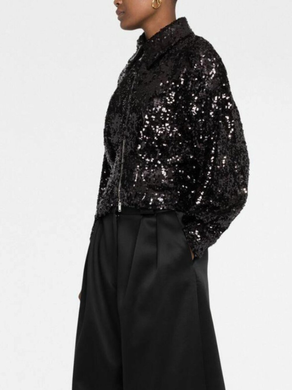 $1780 Khaite Black Sequin Collared Zip Oversized Crop Arnaud Jacket size Medium